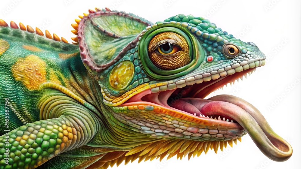 Obraz premium A highly skilled artist rendered a strikingly realistic portrait of a chameleon, its scaly body blending with the leafy surroundings, as its long, sticky tongue extends with precision.