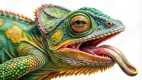 A highly skilled artist rendered a strikingly realistic portrait of a chameleon, its scaly body blending with the leafy surroundings, as its long, sticky tongue extends with precision.