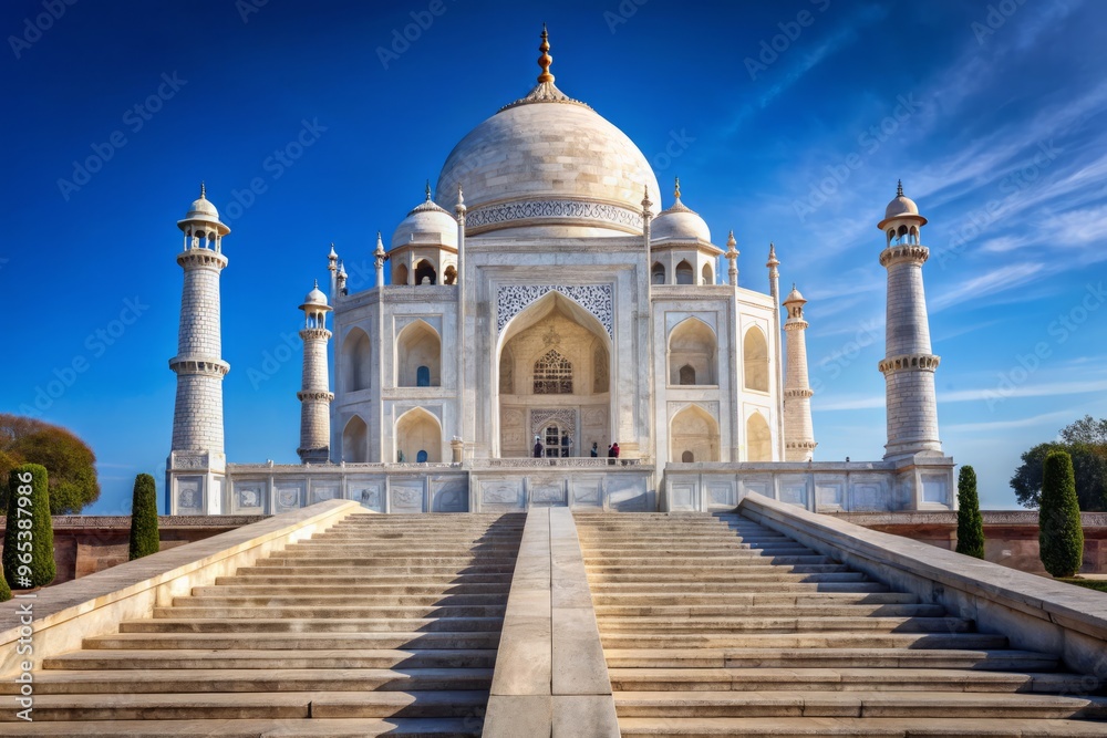 Fototapeta premium A stately white marble monument rises against a brilliant blue sky, adorned with delicate carvings and a majestic staircase leading to its grand entrance.