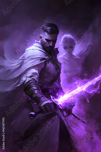 A strong looking mage in his thirties with a short beard, wielding a short sword glowing with dark purple energy