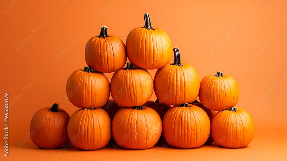 Halloween pumpkins stacked in a pyramid shape, ultra-sharp focus, solid orange background Halloween pumpkins stacked in a pyramid shape, ultra-sharp focus, solid orange background