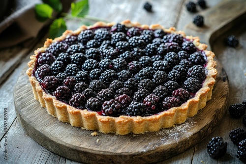 A tart filled with blackberries and an almond crust, served on a rustic wooden board