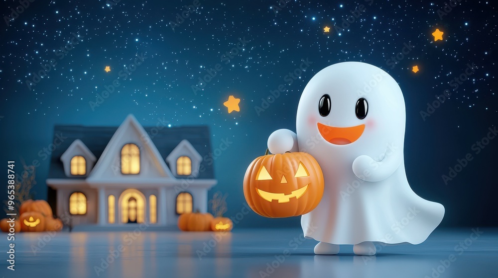 Fototapeta premium Cute Ghost Holding Jack o Lantern on Halloween Night