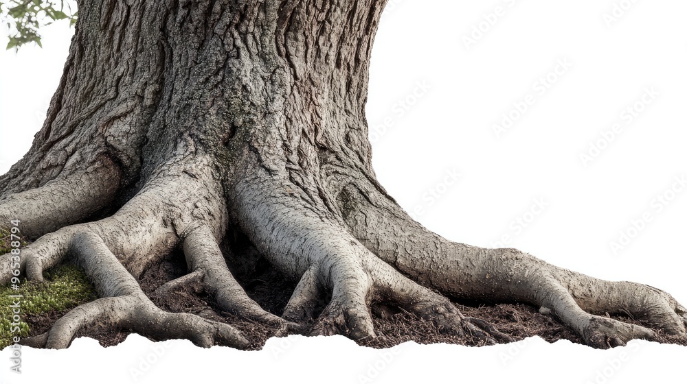 Fototapeta premium A close-up of an oak tree roots, visible and gnarled, isolated on a white background.