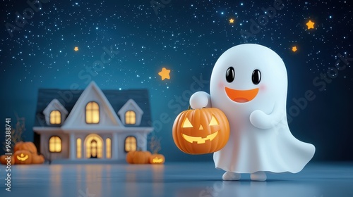 Cute Ghost Holding Jack o Lantern on Halloween Night