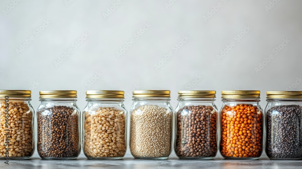Glass jars filled with grains and legumes as part of a zero-waste lifestyle, space for copy. Glass jars filled with grains and legumes as part of a zero-waste lifestyle, space for copy.