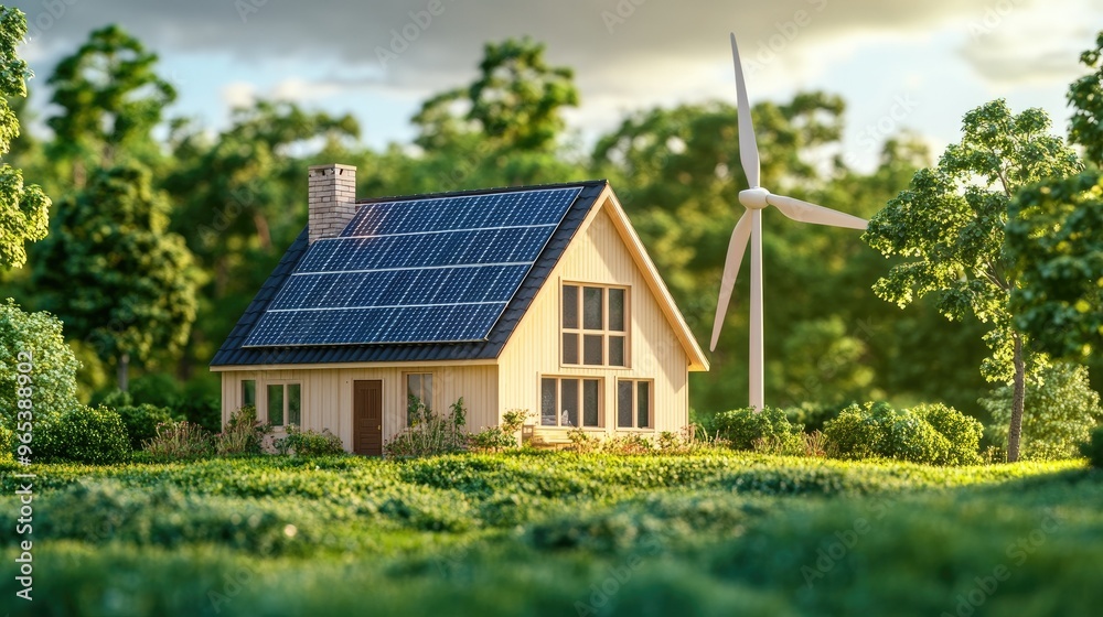 Green energy-efficient home with solar panels and a wind turbine in the yard, space for text. Green energy-efficient home with solar panels and a wind turbine in the yard, space for text.