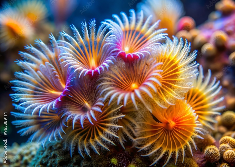 Tiny marine worms flaunt vibrant plumage-like appendages, their iridescent fans fluttering like tiny butterflies in the ocean's currents, drawing in unsuspecting prey. Tiny marine worms flaunt vibrant plumage-like appendages, their iridescent fans fluttering like tiny butterflies in the ocean's currents, drawing in unsuspecting prey.