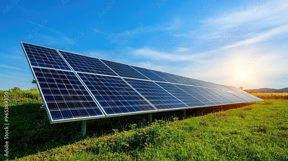 Solar panels in an open field with green grass and space for copy in the sky. Solar panels in an open field with green grass and space for copy in the sky.