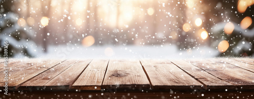 Close up of wooden table with snowy christmas background, christmas scene, snowing and sparkling lights