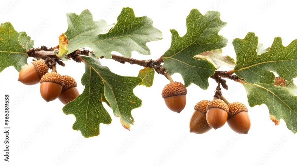 Obraz premium A detailed close-up of oak leaves and acorns on a branch, isolated on a bright white background.