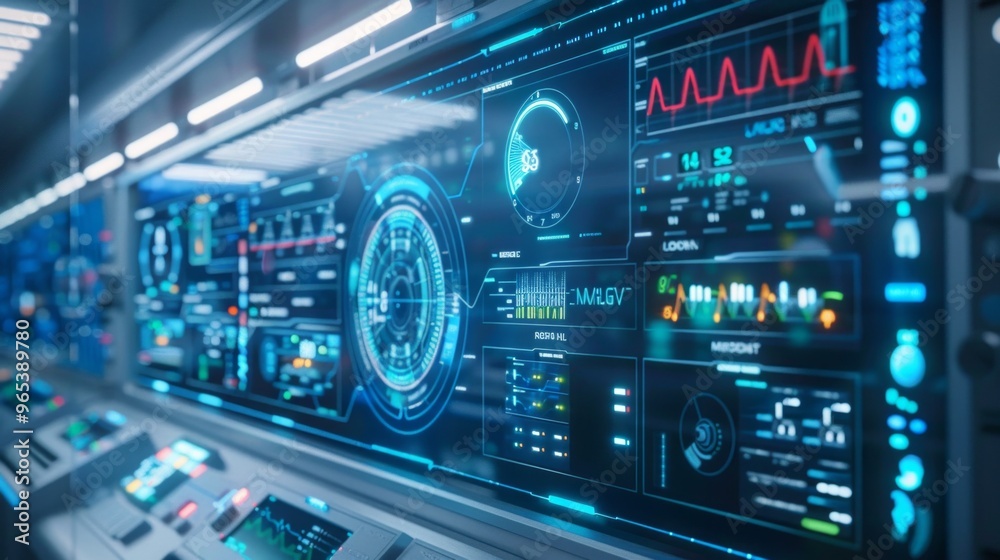 Fototapeta premium Futuristic healthcare control panel featuring virtual buttons and AI systems for managing patient data and healthcare workflows