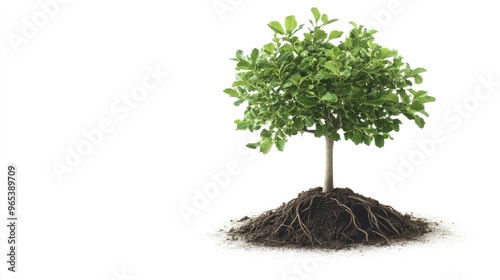 A freshly planted oak tree sapling with visible roots, isolated on a white background. photo