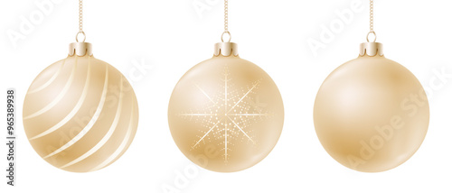 Realistic gold Christmas balls set isolated on white. Balls with golden glistering stripes and snowflake pattern hanging on a chain. New Year decoration, 3D realism. Vector clipart for holiday design.