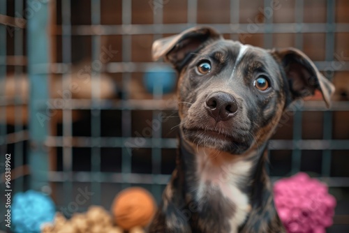 A stray homeless dog looking up in an animal shelter cage, chew toys around. Stray homeless dog in animal shelter cage, abandoned hungry dog.