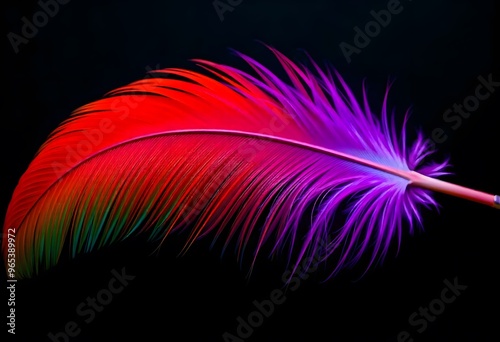 Vibrant feather with red, blue, and pink hues against a black background. photo