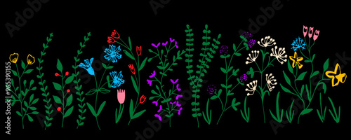 Vector hand drawn colorful  flowers and leaf elements. Wild blooming meadow flowers and herbs border. Horizontal banner, floral  backdrop. Botanical colorful  illustration isolated on black background