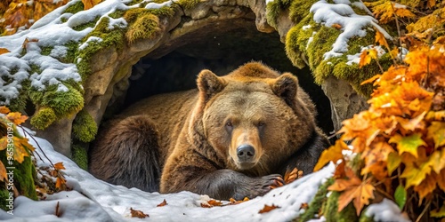 A large brown bear rests peacefully in a cave, snuggled up among a blanket of snow-covered leaves, its slow breathing a soothing serenade. photo