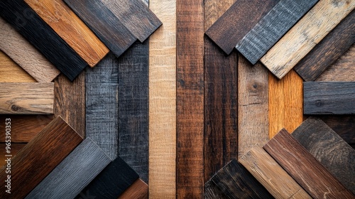 Rustic wood swatches featuring a mix of reclaimed and new wood, with contrasting textures and colors, on a wooden workbench