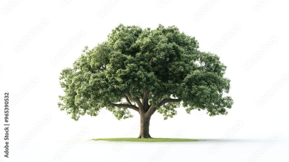 Fototapeta premium A mature oak tree in full leaf, isolated on a white background, with its wide canopy creating a natural umbrella.