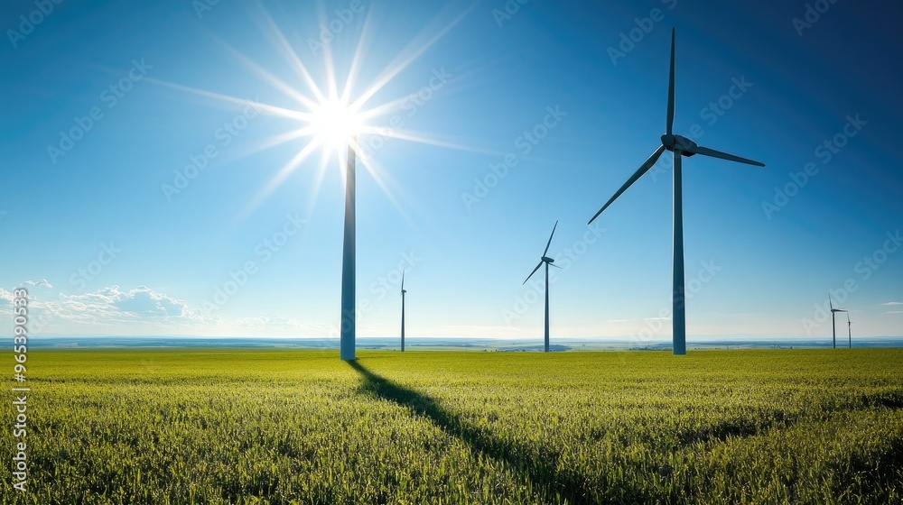 Wind turbines in a vast field under a bright sun with plenty of sky for copy space. Wind turbines in a vast field under a bright sun with plenty of sky for copy space.