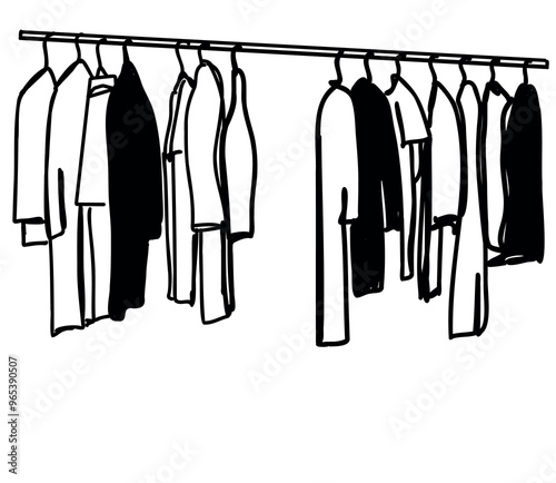 Hand drawn wardrobe sketch. Clothes on the hangers