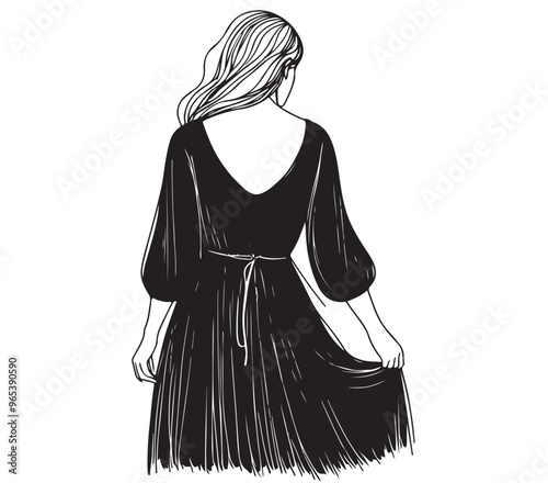 Girl in long black dress. Fashion sketch