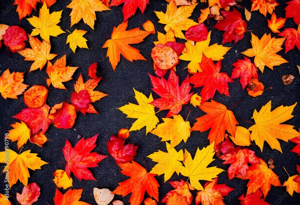 Image of a collection of fallen autumn leaves in vibrant shades of red, orange, and yellow, scattered on a dark surface. Image of a collection of fallen autumn leaves in vibrant shades of red, orange, and yellow, scattered on a dark surface.