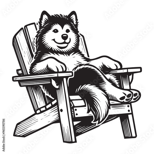 Alaskan Malamute Dog sitting in a chair Vector illustration in black and white
