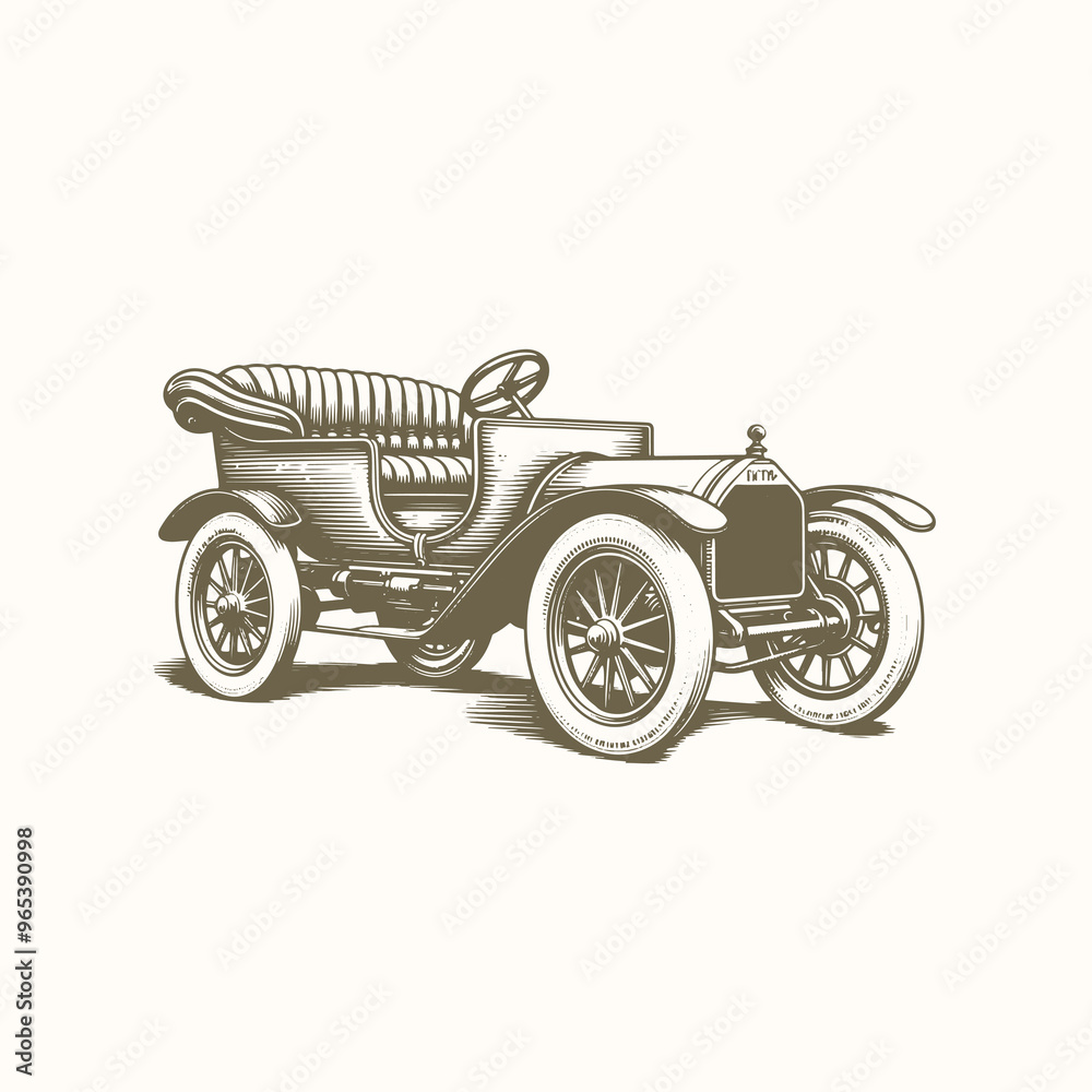 Classic Vehicle Sketch, Hand-Drawn Car in Engraving Style