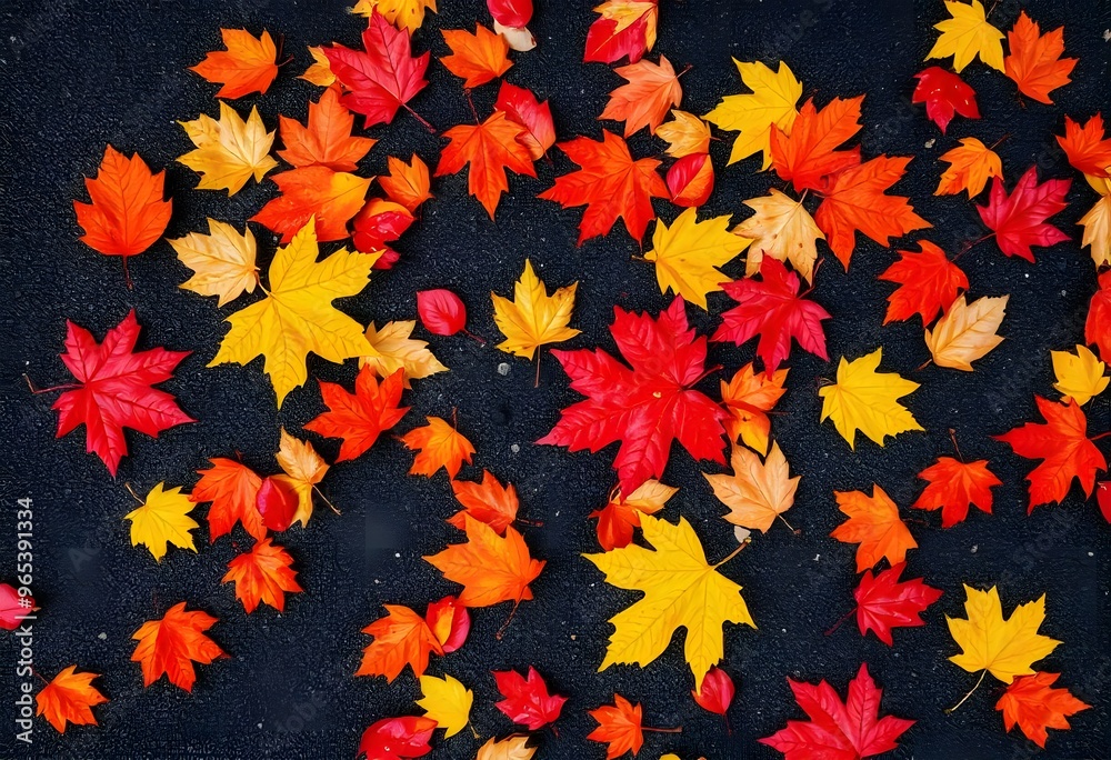 Image of a collection of fallen autumn leaves in vibrant shades of red, orange, and yellow, scattered on a dark surface. Image of a collection of fallen autumn leaves in vibrant shades of red, orange, and yellow, scattered on a dark surface.