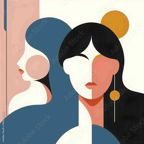 Flat Style Minimalist Portrait; Simplified, flat illustration of people with minimal features but strong color blocking and composition. This style has simplicity and abstract nature. photo