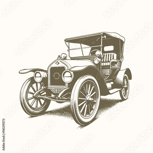 Retro Automobile Engraving, Hand-Drawn Vintage Car Illustration