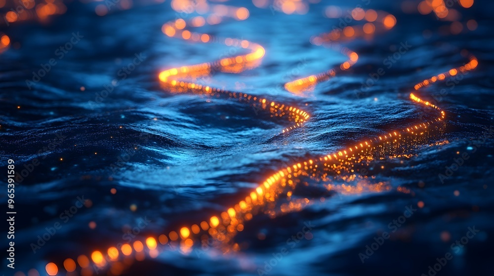 Underwater Intercontinental Internet Cables Transmitting Global Data with Glowing Lines