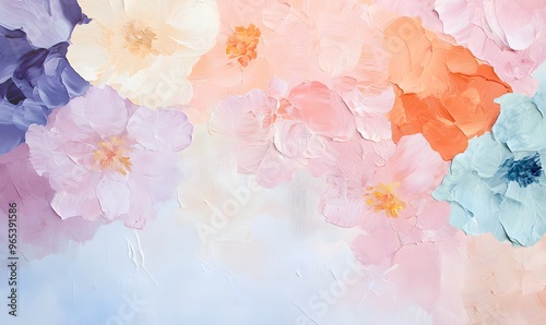 textured painting featuring large, colorful flowers with thick
