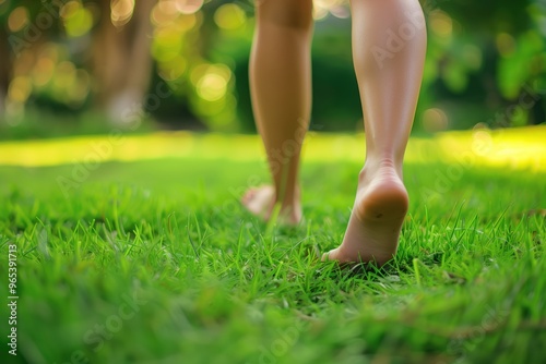 a girl walks on the grass from behind