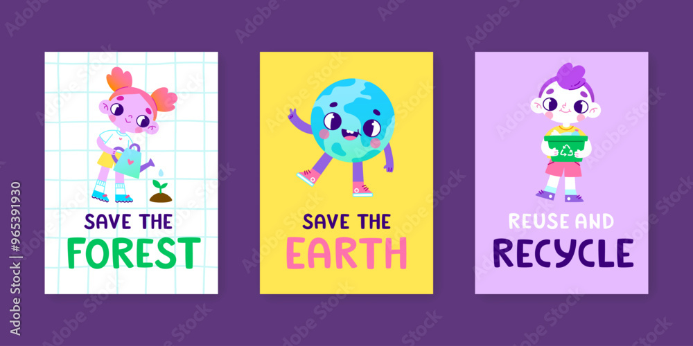 Eco poster set with retro cartoon characters. Vector environmental banner collection for kids. Eco poster set with retro cartoon characters. Vector environmental banner collection for kids.