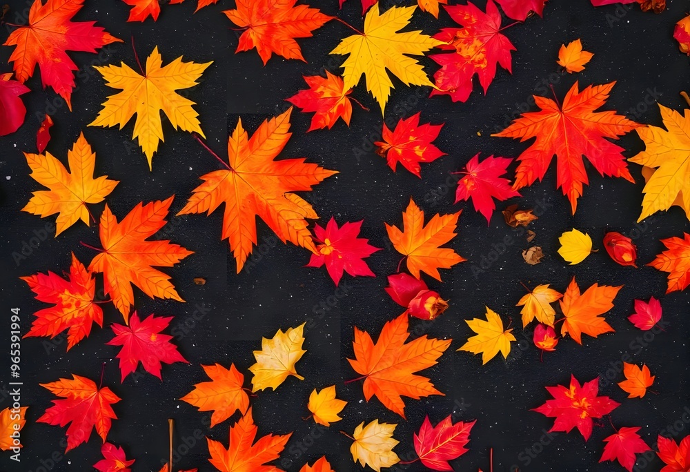 Image of a collection of fallen autumn leaves in vibrant shades of red, orange, and yellow, scattered on a dark surface. Image of a collection of fallen autumn leaves in vibrant shades of red, orange, and yellow, scattered on a dark surface.