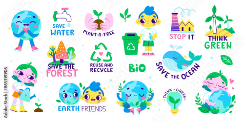 Eco retro cartoon stickers set with cute characters. Doodle collection of environmental vector illustrations.