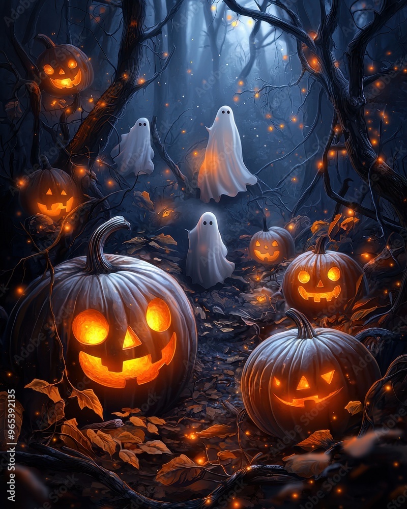Spooky Halloween Pumpkins and Ghosts in a Dark Forest