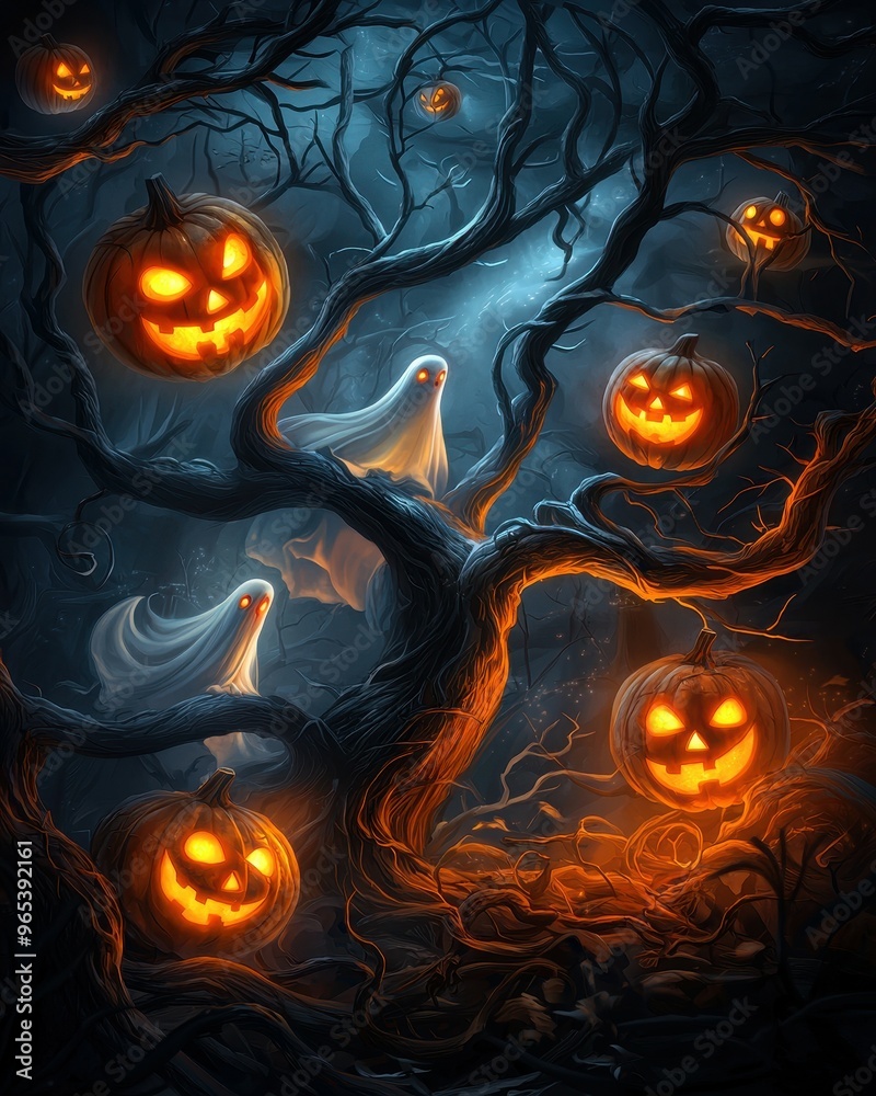 Spooky Halloween Tree with Glowing Jack o Lanterns Spooky Halloween Tree with Glowing Jack o Lanterns