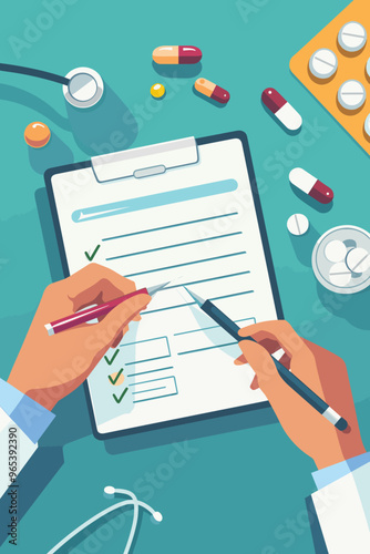 Doctor Filling Out Prescription Form on Notepad, Signing Medical Document for Patient's Health Care Treatment