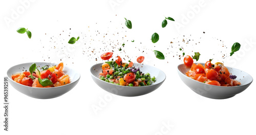 Vibrant Fresh Salad Bowls with Tomatoes, Basil, and Vegetables on Transparent Background