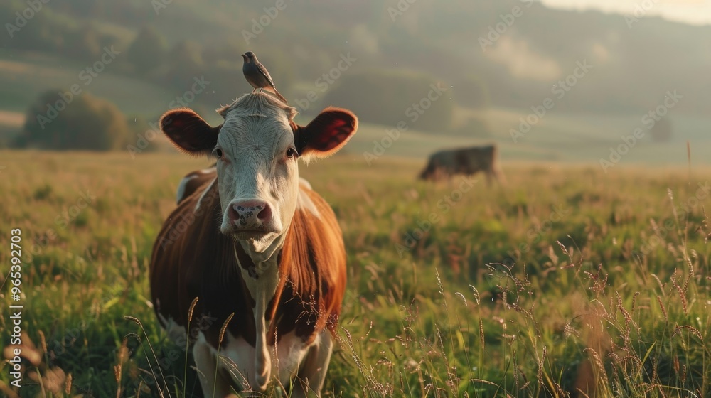A Beautiful Cow in a Green Field with a Bird Enjoying Sunny Moments A Beautiful Cow in a Green Field with a Bird Enjoying Sunny Moments