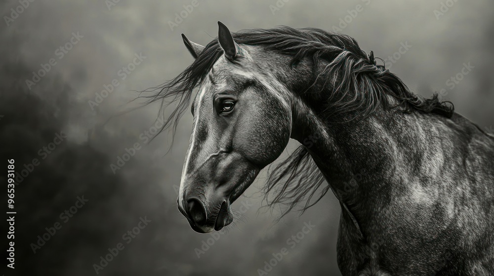 Obraz premium Close-up of a Black Horse's Head Against a Cloudy Sky
