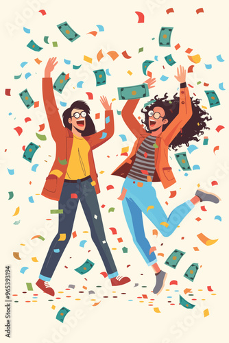 Ecstatic Winners Celebrating Lottery or Contest Victory with Confetti and Cash Prize