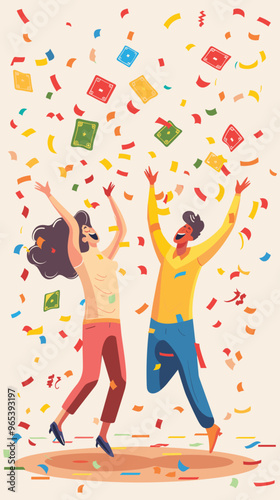 Ecstatic Winners Celebrating Lottery or Contest Victory with Confetti and Cash Prize