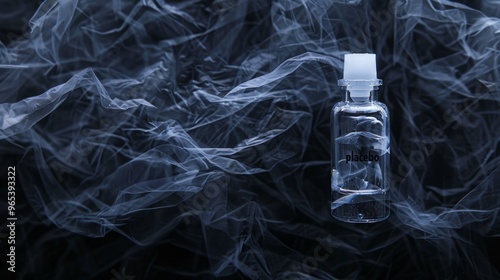 A vial labeled placebo is partially obscured by a translucent veil, revealing its hidden nature and effects in a mysterious setting photo