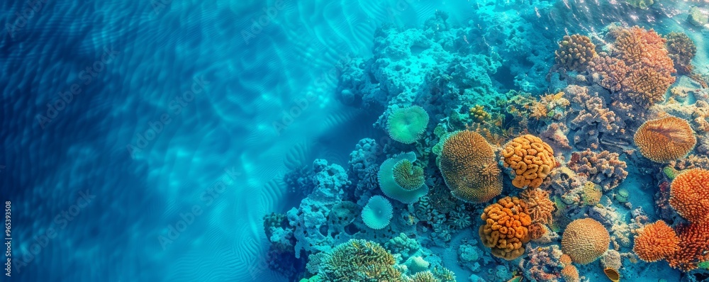 Naklejka premium Vibrant coral reef beneath clear waters, showcasing a variety of colorful corals and marine life in a serene underwater landscape.