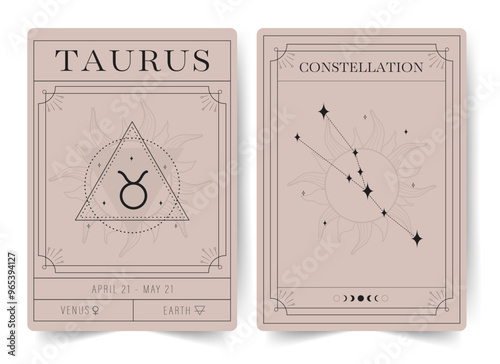Taurus. Witchcraft cards with astrology zodiac sign and constellation. Modern boho astrology posters. Perfect for tarot readers and astrologers. Vector illustration.